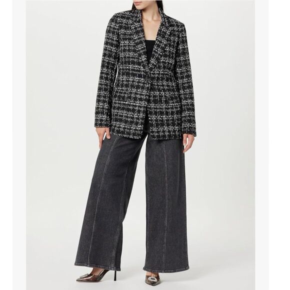 The Drop Blazer Womens Size XS Blake Long Plaid Single Breasted Black Boucle - Picture 4 of 14